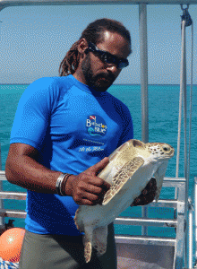 Andre Miller holding a Green Sea turtle for tagging
