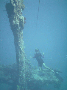 Andre freediving around divers on their safety stop on the Stavronikita