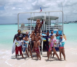 Students ready for snorkelling with B'dos Blue staff Andre & Curtis on Melissa II
